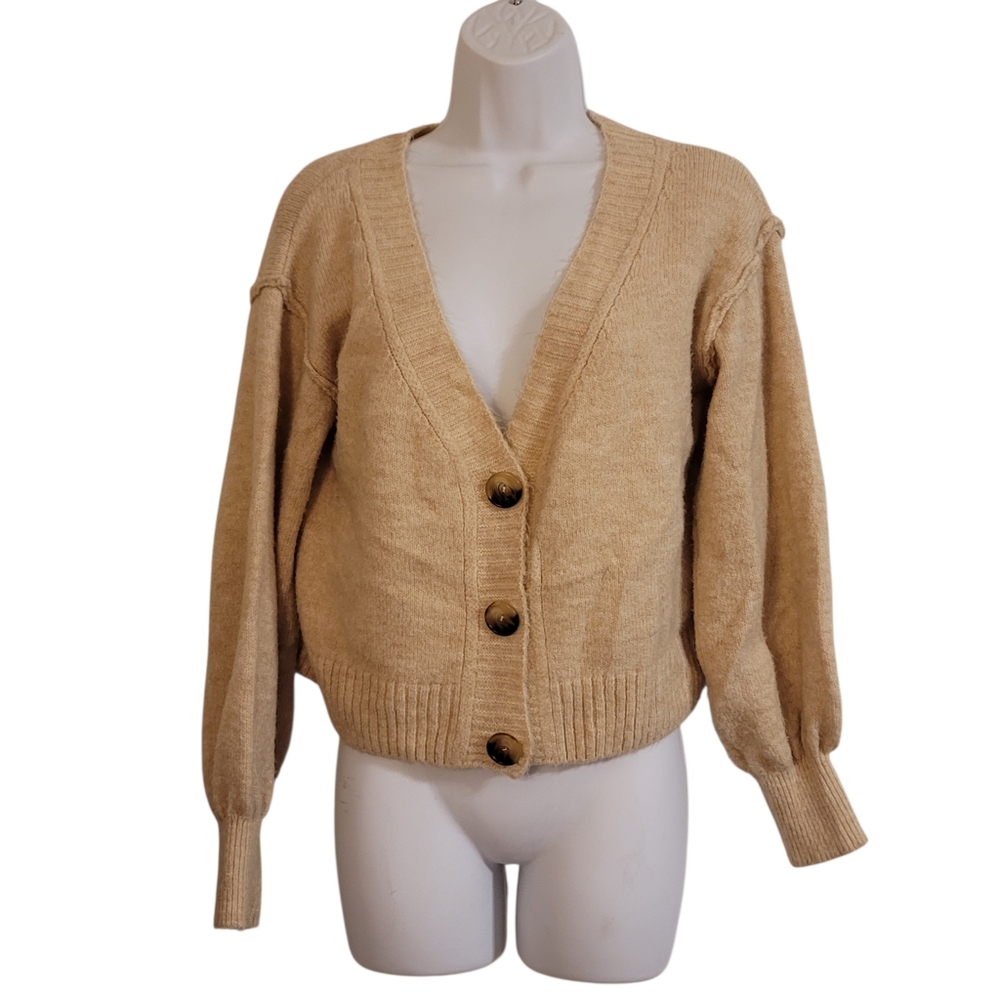 Topshop Cropped Cardigan XS Tan Button Front Knit Sweater Balloon Sleeve